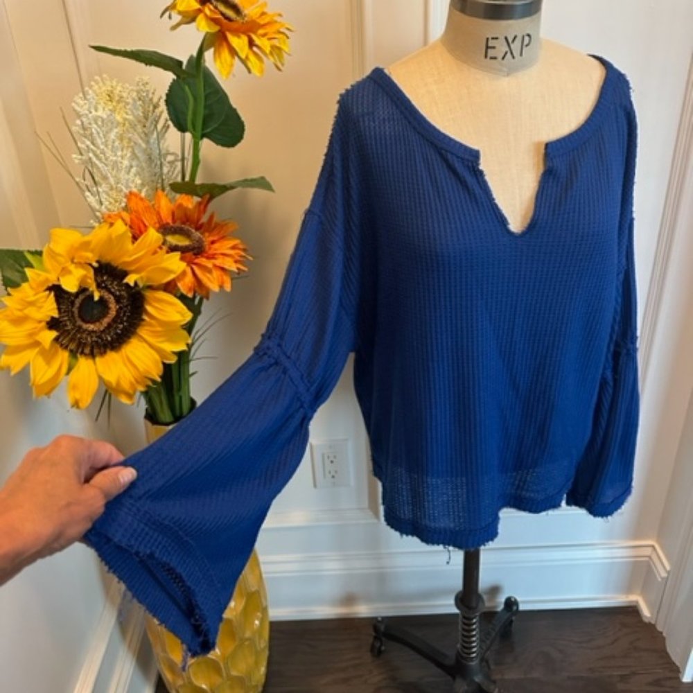 We the Free by Free People Blue Waffle knit Bell Sleeve Top